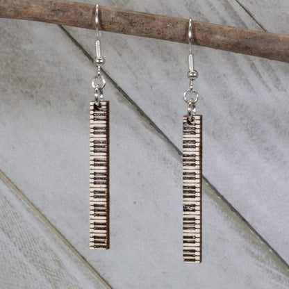 Hand-painted wooden piano keyboard dangle earrings with detailed musician instrument design and hypoallergenic sterling silver hooks, lightweight piano statement jewelry earrings for band students, pianists, and music lovers