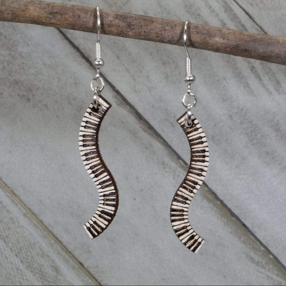 Hand-painted wooden piano keyboard dangle earrings with detailed instrument design and hypoallergenic sterling silver hooks, lightweight piano statement jewelry earrings for musicians and music lovers