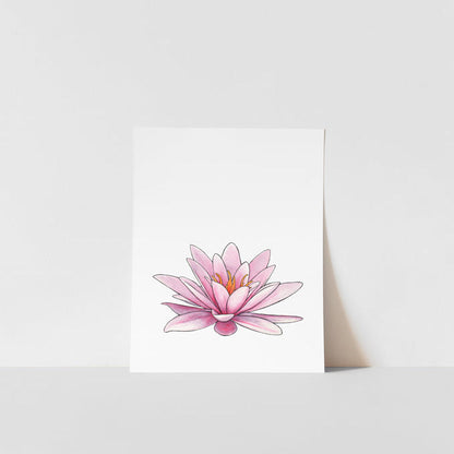 A vertical art print of a pink lily flower with a white background, placed on a shelf.
