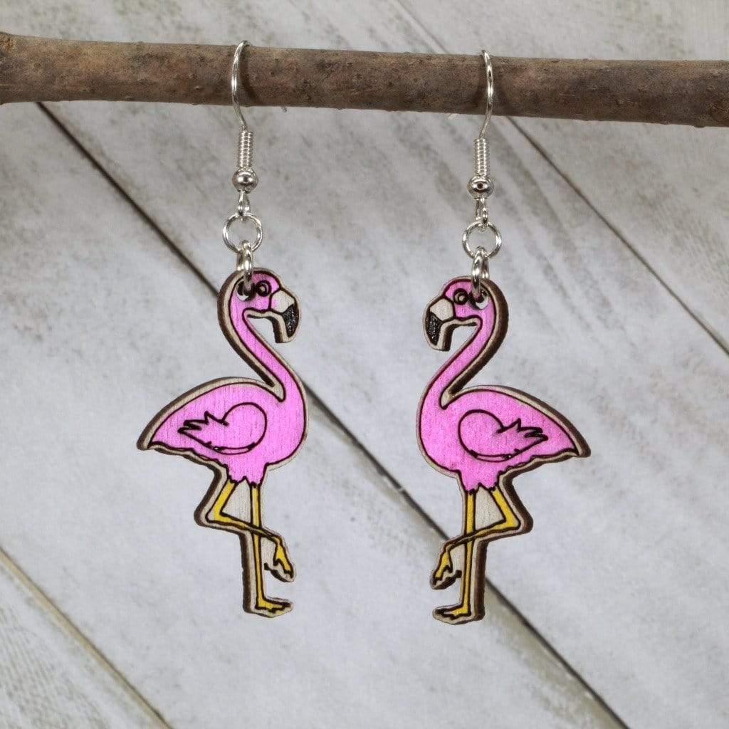 Hand-painted wooden pink flamingo dangle earrings with tropical bird design and hypoallergenic sterling silver hooks, lightweight flamingo statement jewelry earrings for beach and summer style