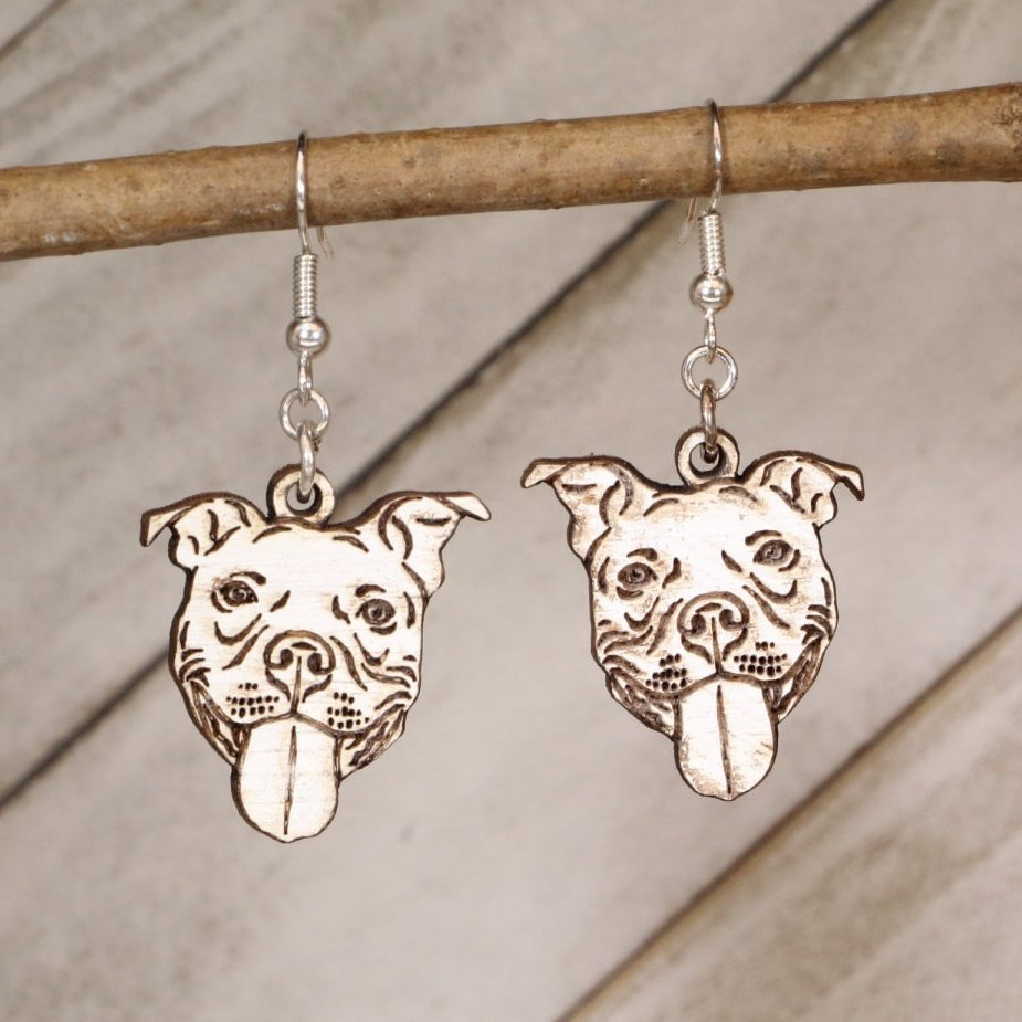 Hand-painted wooden pitbull dangle earrings with detailed dog lover design and hypoallergenic sterling silver hooks, lightweight pitbull statement jewelry earrings for pet lovers and rescue advocates 