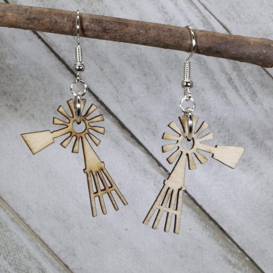 Hand-painted wooden prairie windmill dangle earrings with rustic farm country design and hypoallergenic sterling silver hooks, lightweight windmill statement jewelry earrings for farmhouse and western style