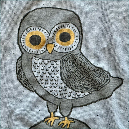 Close-up of the knitted owl motif on the light gray Owl on a Vowel sweater by Jedd — jacquard knitwear detail