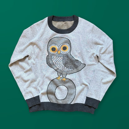 Owl on a Vowel graphic knit sweater in light gray — cute owl design knitted by artist Jedd