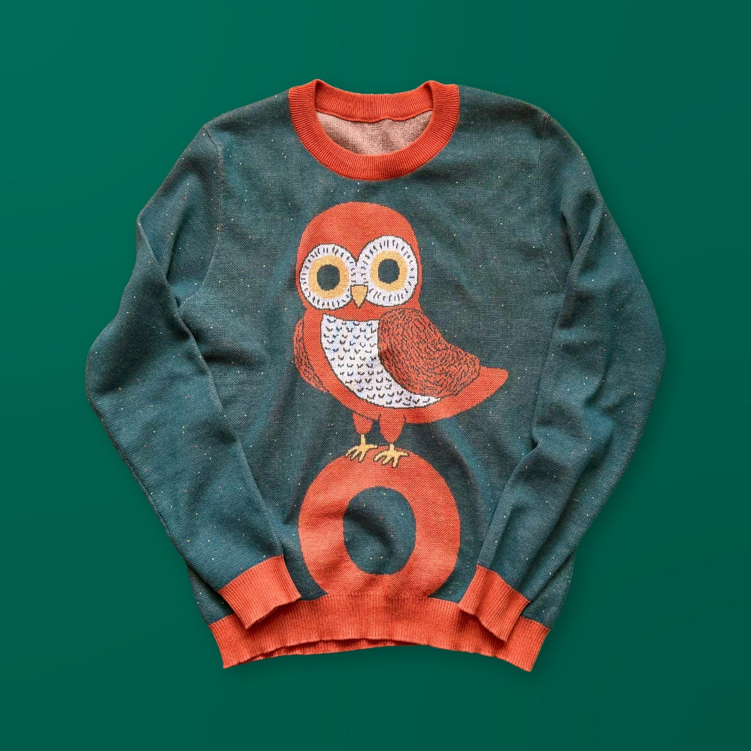 Owl on a Vowel graphic knit sweater in forest green — artist-designed owl knitwear, distinctive designer fashion by Jedd