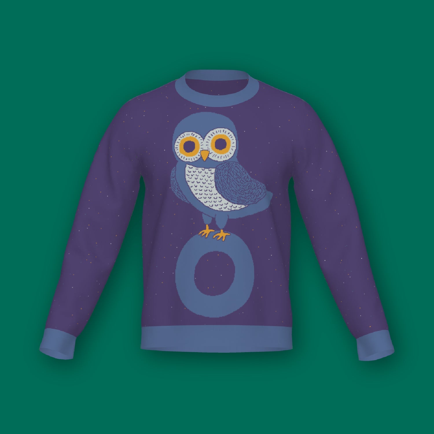 Owl on a Vowel graphic knit sweater in deep purple — bold owl design, designer fashion by Jedd