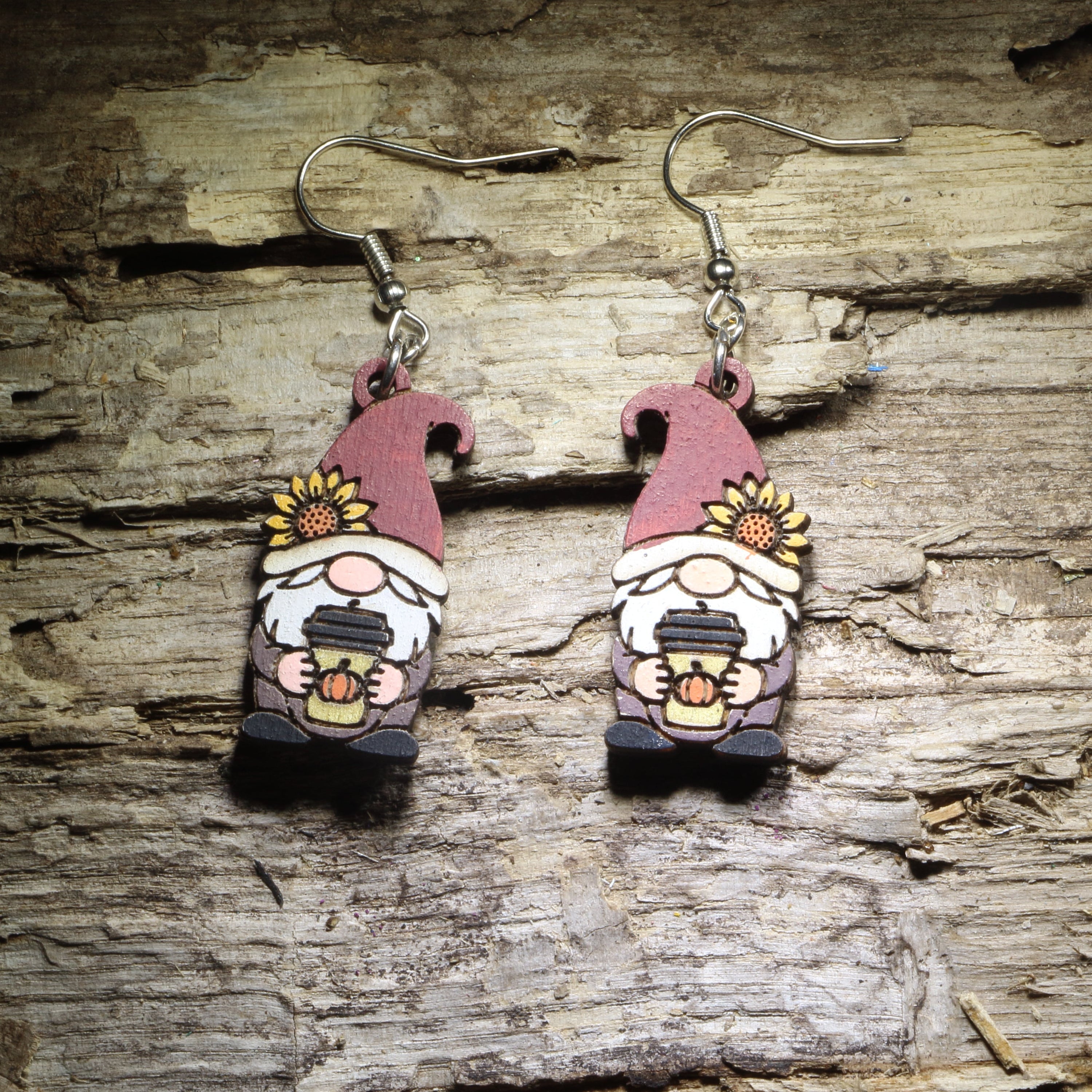 Hand-painted pumpkin spice fall gnome wooden dangle earrings featuring an autumn gnome with coffee-inspired details, lightweight seasonal jewelry for fall, pumpkin spice, and coffee lovers
