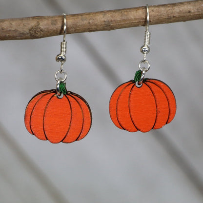 Hand-painted wooden pumpkin dangle earrings with classic fall autumn design and hypoallergenic sterling silver hooks, lightweight pumpkin statement jewelry earrings for seasonal harvest style 