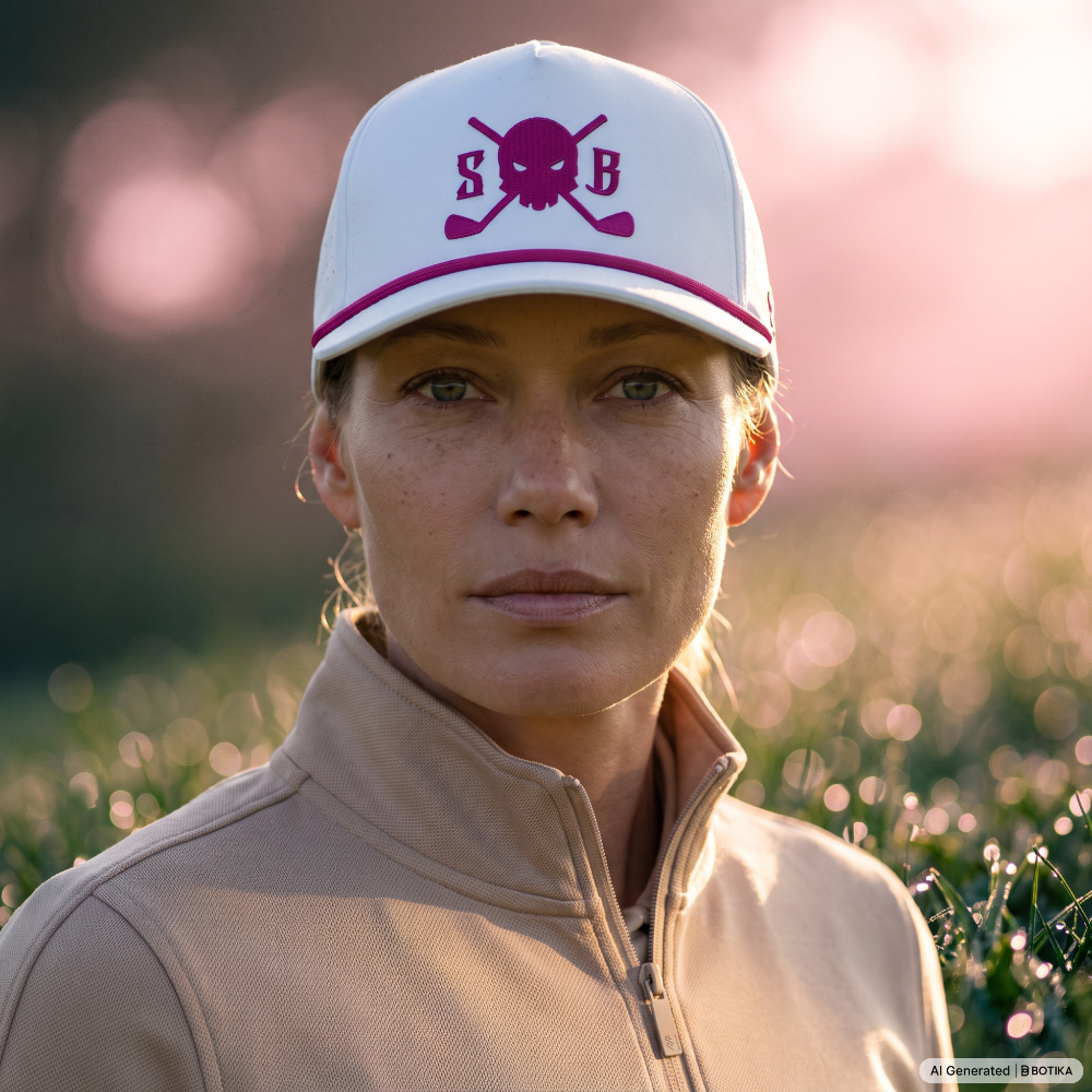 A close-up portrait of a woman outdoors wearing a white baseball cap with a magenta skull and crossed golf clubs logo, along with a beige zip-up jacket. The background is a softly blurred field at sunrise or sunset.