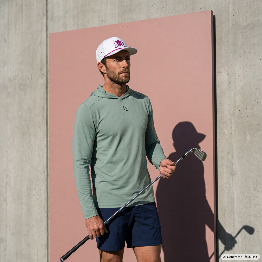 A man wearing a light sage green long-sleeve performance hoodie, navy golf shorts, and a white cap with a pink logo stands against a concrete wall holding a golf club, casting a long shadow on a pink panel.