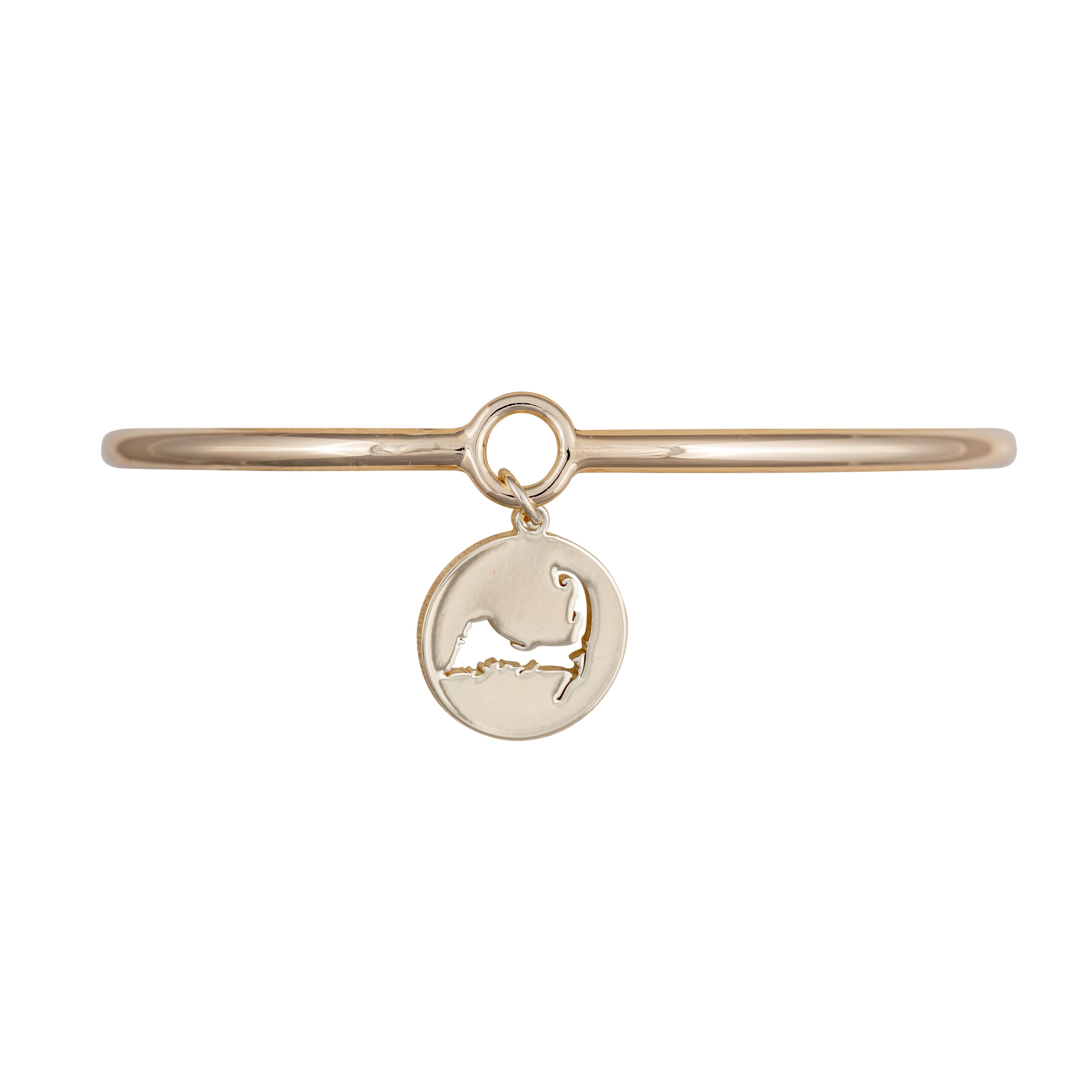 Gold bangle featuring a coin charm with a Cape Cod cutout. The charm adds coastal elegance to the accessory