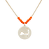 the beach and back cape cod necklace in gold with coral beads at center of chain and coin shape pendant with cutout silhouette of cape cod