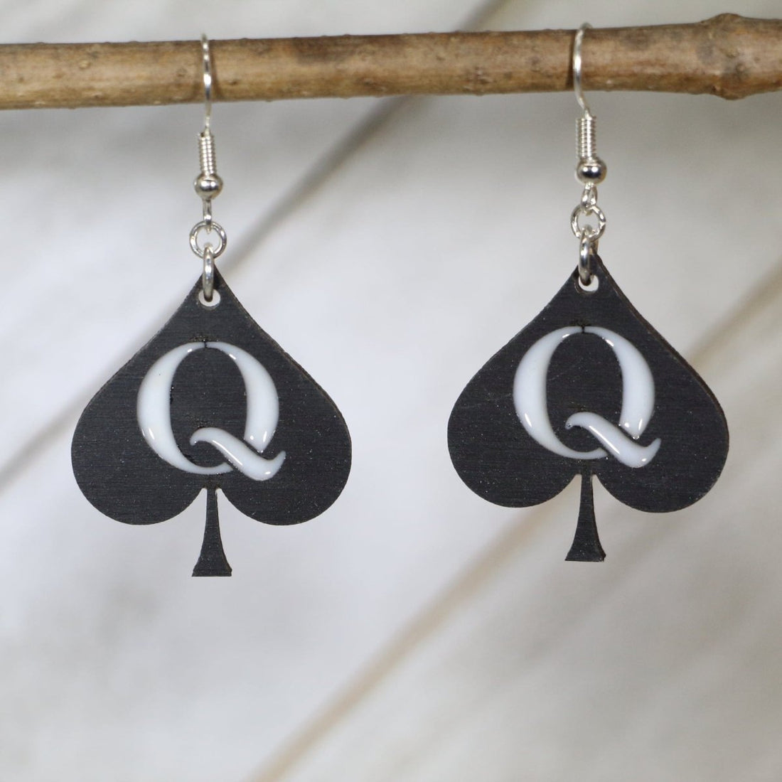 Hand-painted wooden Queen of Spades dangle earrings with bold card suit design and hypoallergenic sterling silver hooks, lightweight playing card statement jewelry earrings for poker fans and confident edgy style