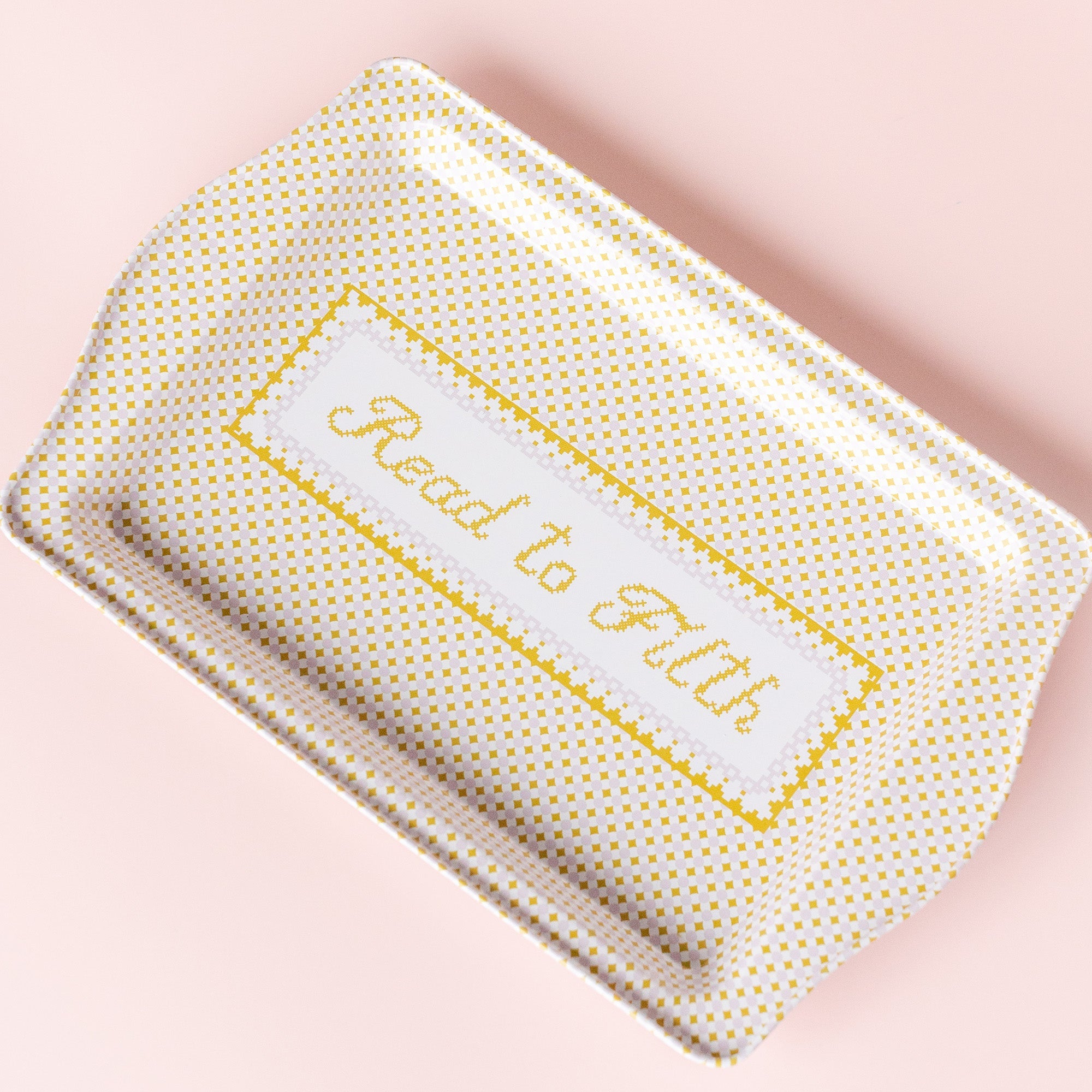 Read To Filth trinket tray styled with jewelry and bookish accessories on ceramic display, Jollity &amp; Co.