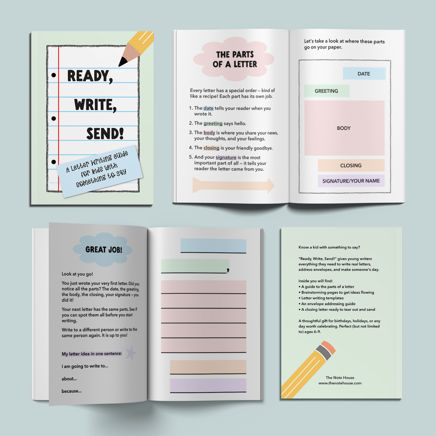 Open book with educational content on letter writing on a light blue background