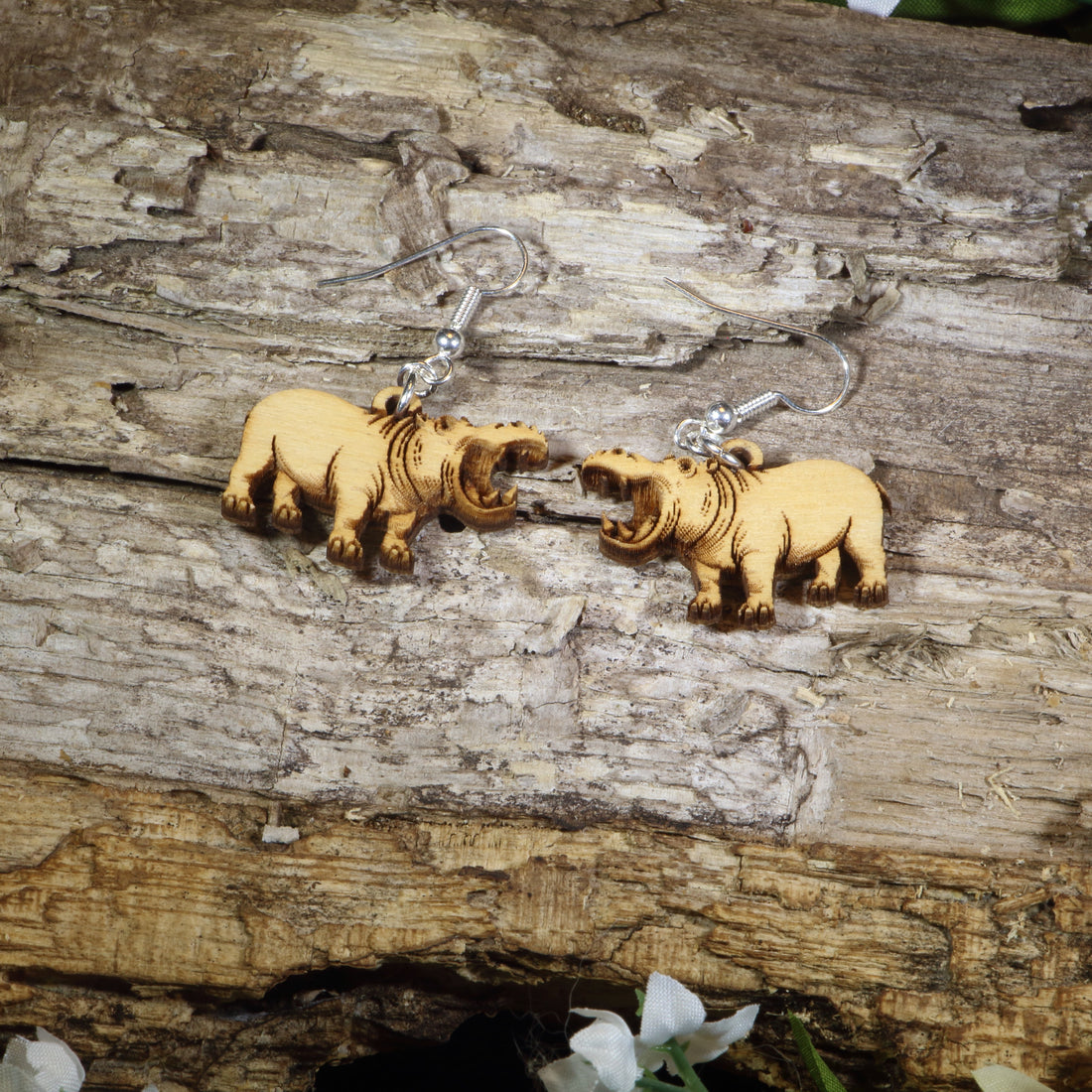 Hand-painted wooden hippopotamus dangle earrings featuring realistic hippo artwork with open mouths, hypoallergenic sterling silver hooks, and lightweight wildlife animal jewelry for zoo lovers, safari enthusiasts, and hippo fans by Cate&