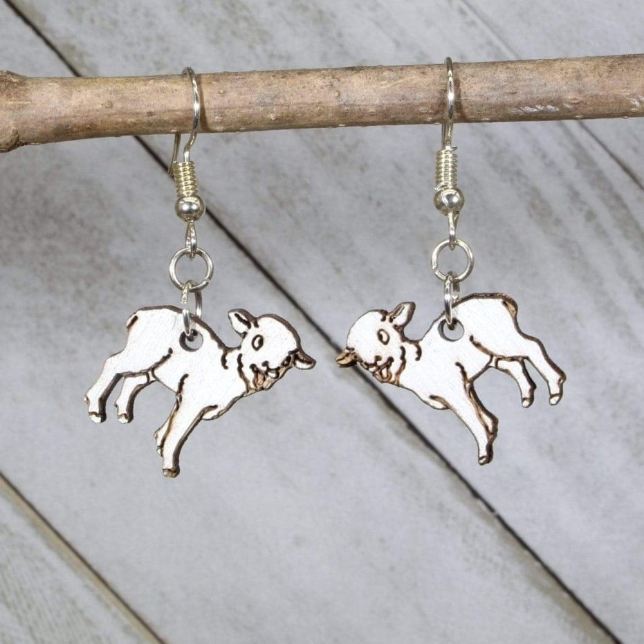 Hand-painted wooden realistic lamb dangle earrings with detailed farm animal design and hypoallergenic sterling silver hooks, lightweight lamb statement jewelry earrings for country style and animal lovers