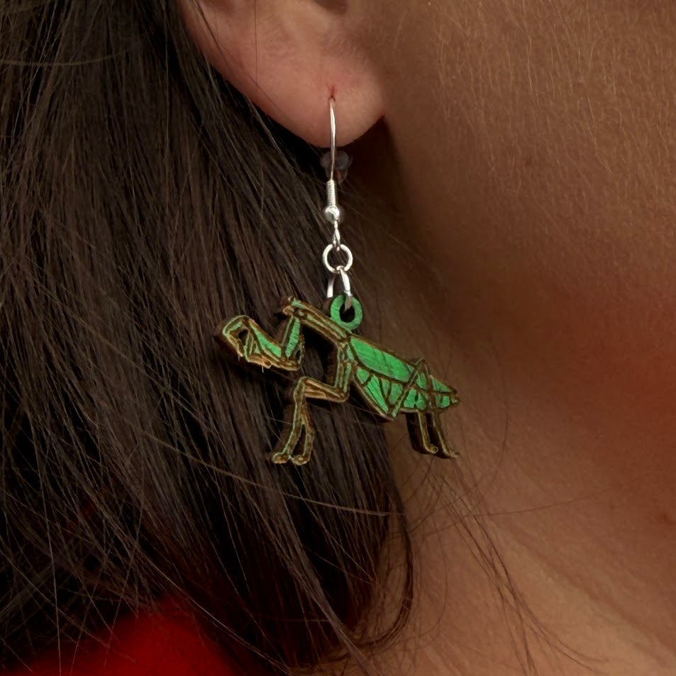 Close-up of hand-paintedRealistic Praying Mantis Wooden Dangle Earrings | Male  Entomology Jewelry with hypoallergenic silver hooks, insect nature jewelry by Cate’s Concepts