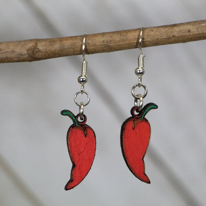 Hand-painted wooden red chili pepper dangle earrings with spicy food design and hypoallergenic sterling silver hooks, lightweight chili pepper statement jewelry earrings for food lovers and bold style
