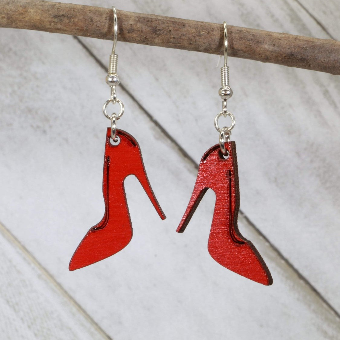 Hand-painted wooden red high heel dangle earrings with bold fashion shoe design and hypoallergenic sterling silver hooks, lightweight high heel statement jewelry earrings for stylish glam looks