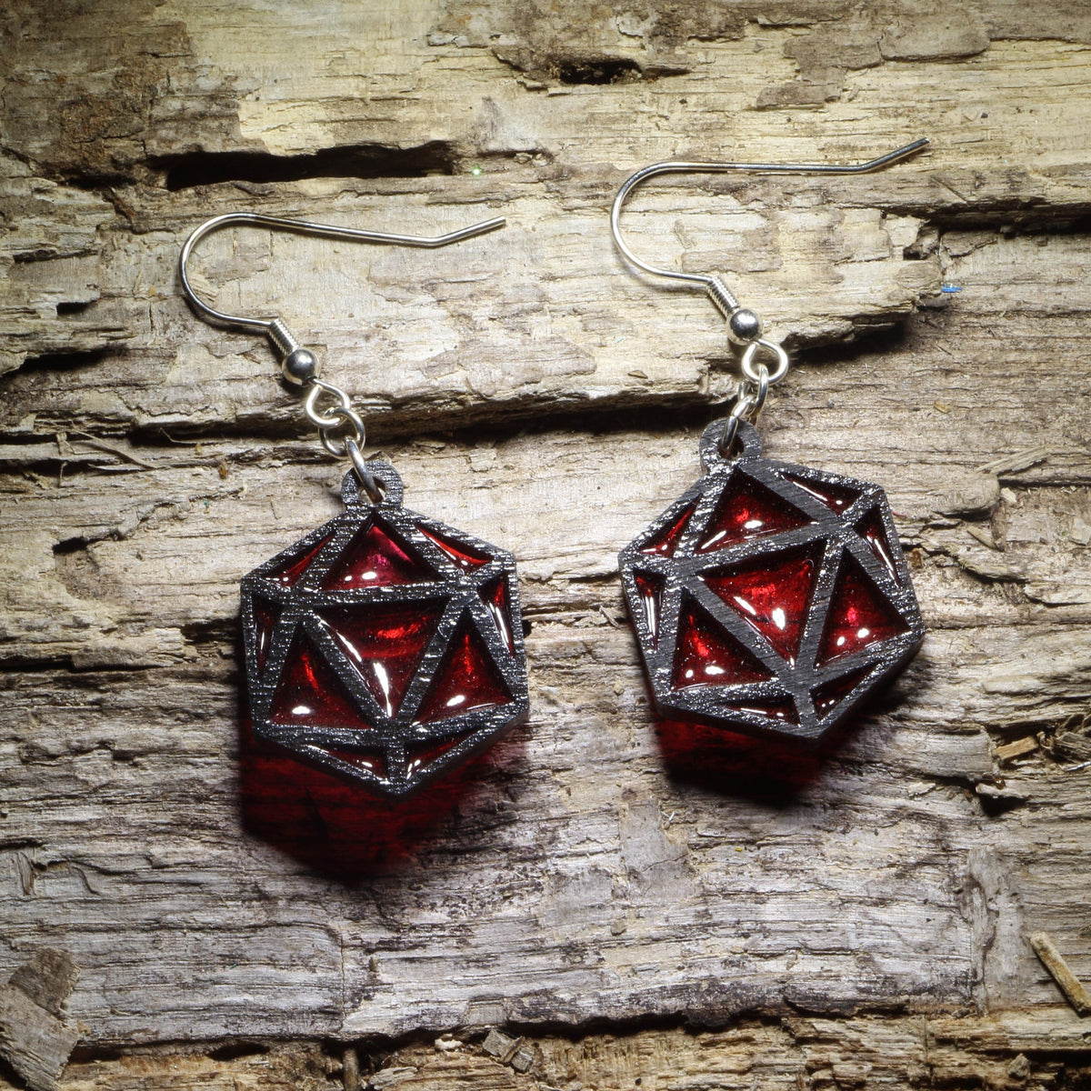 Red resin D20 dice wooden dangle earrings with black geometric frames, tabletop gaming jewelry for Dungeons &amp; Dragons and RPG fans
