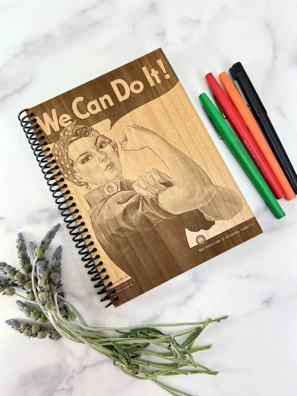 Rosie the Riveter Notebook with Lined Pages - Laser Engraved Wood