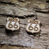 Hand-painted Route 66 wooden dangle earrings on hypoallergenic .925 sterling silver hooks. Lightweight road trip travel jewelry for Route 66 enthusiasts, travelers, vintage Americana fans, and adventure seekers.
