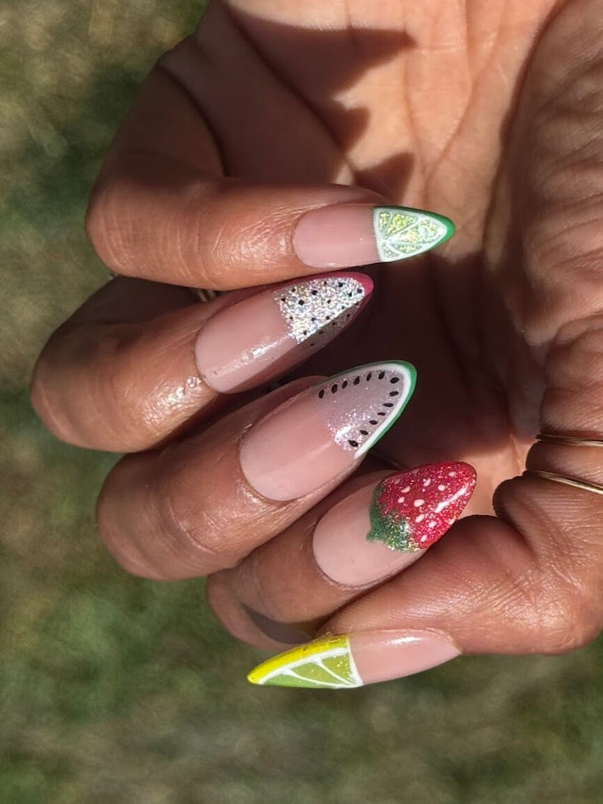 Fruity Phalanges – Fruit Themed Cat-Eye Half French Tip Press-On Nail Extensions 10pcs