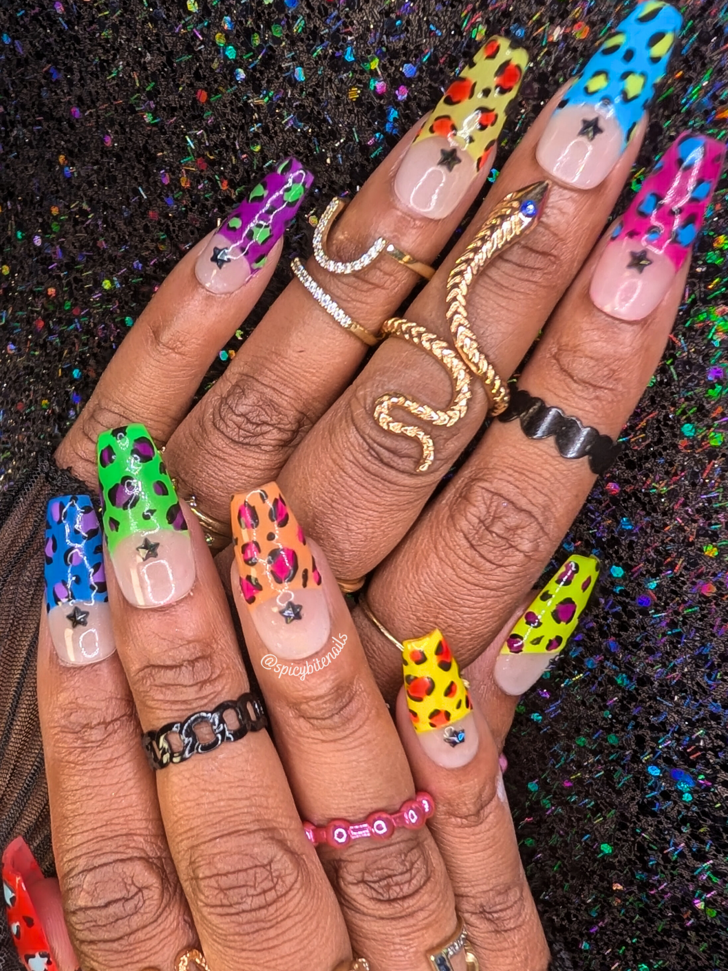 Wild Thing - Neon Leopard Print Half Moon French Tip False Press-On Nail Extensions 10pcs