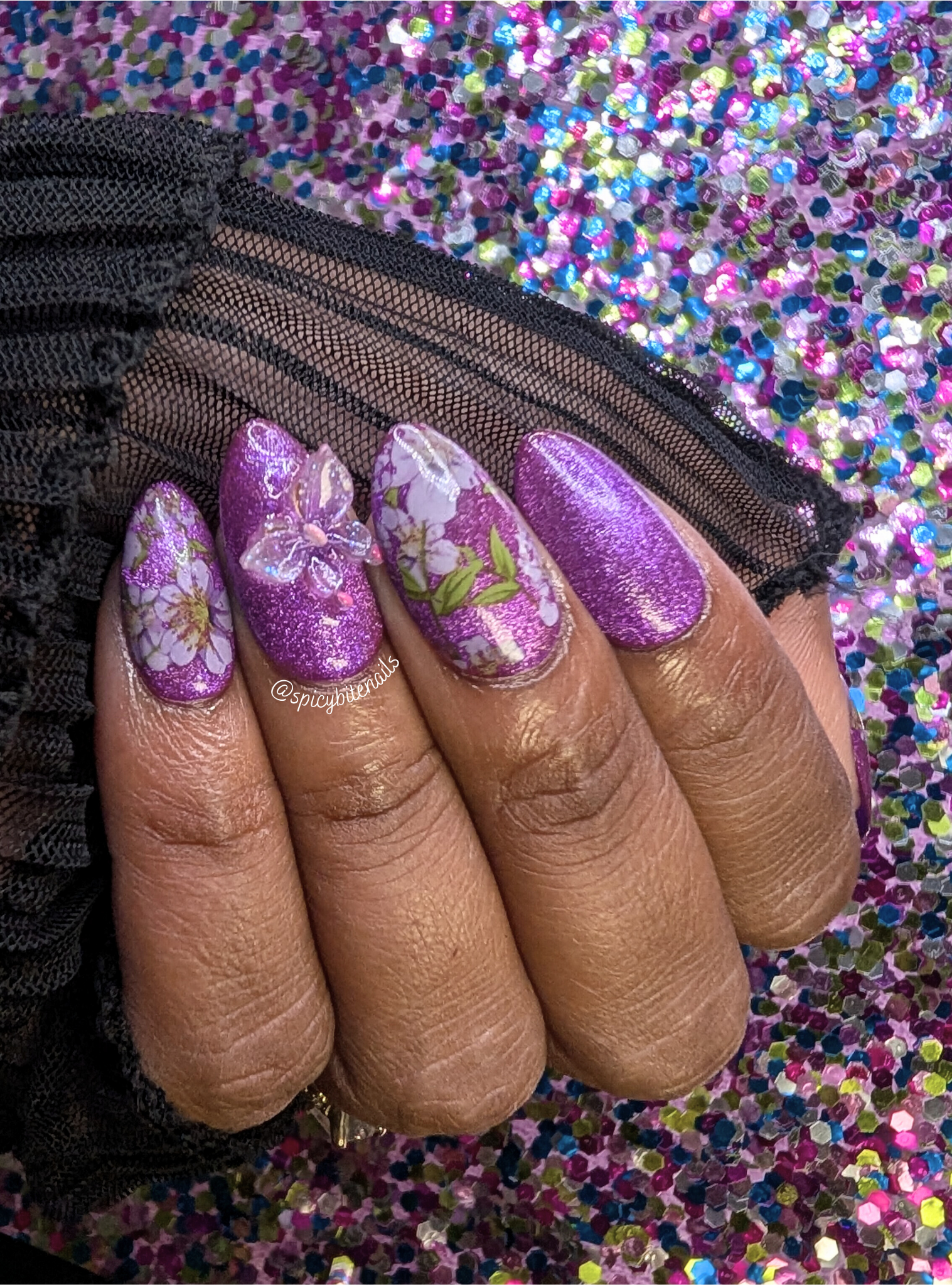Fields of Amethyst - Purple Cat-Eye, Butterfly and White Flower False Press-On Nail Extensions 10pcs