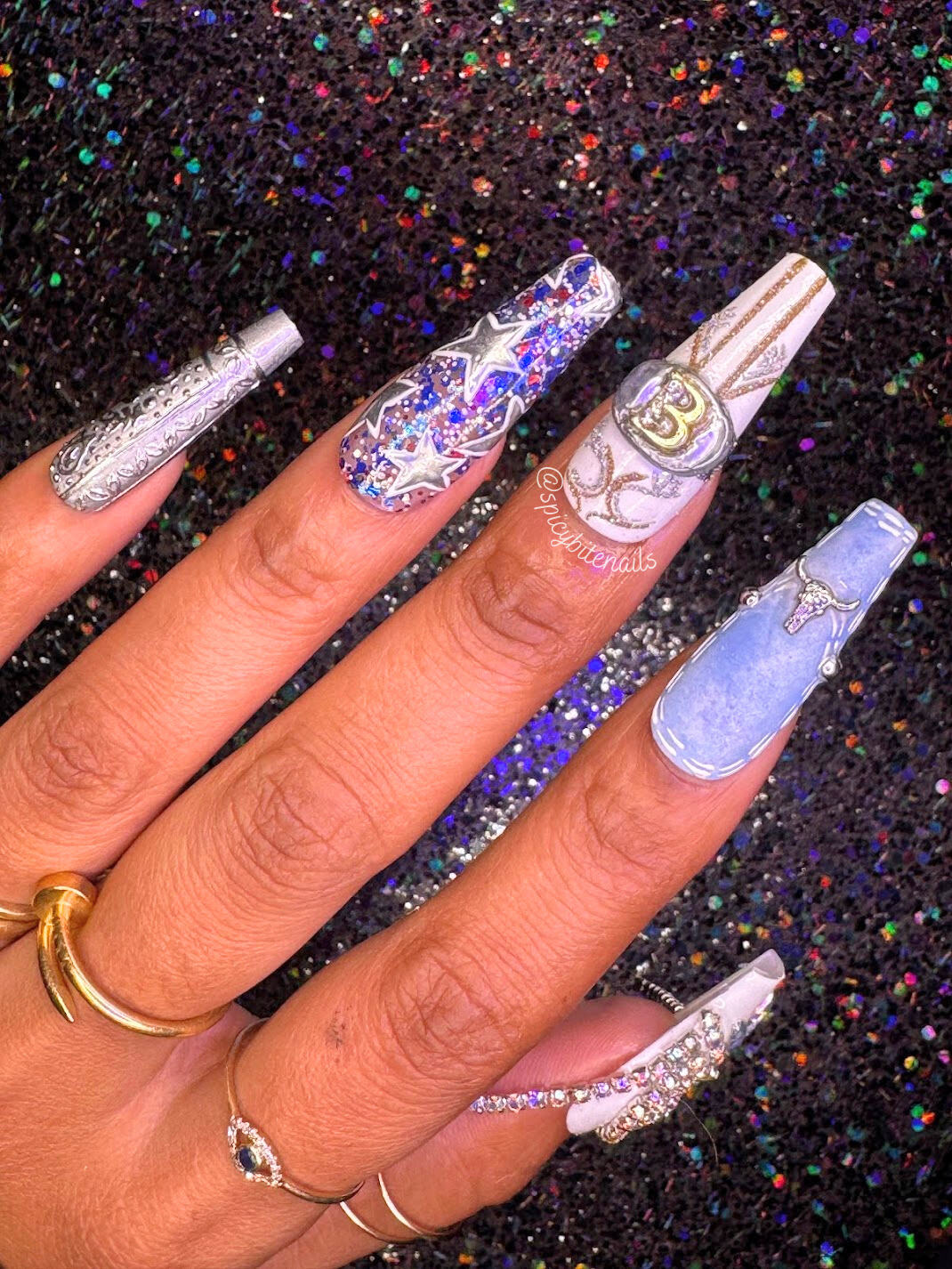 Beyonce Bowl - Beyonce Red, White and Blue Rhinestone Cowboy Inspired False Press-On Nail Extensions 10pcs