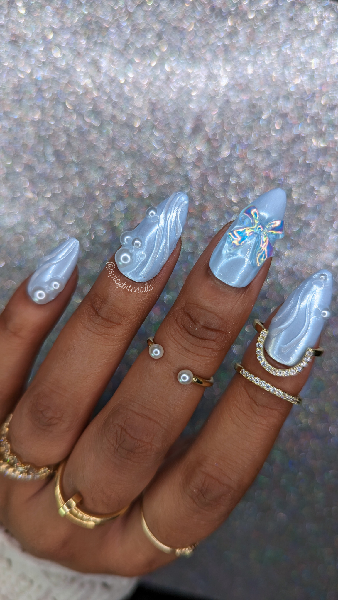 The Blue Pearl - Blue and White Chrome Pearl Coquette False Press-On Nail Extensions 10pcs