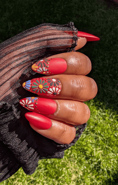Cazuela de Barro - Brick Red 3D Flower and Gold Chrome Mexican False Press-On Nail Extensions 10pcs
