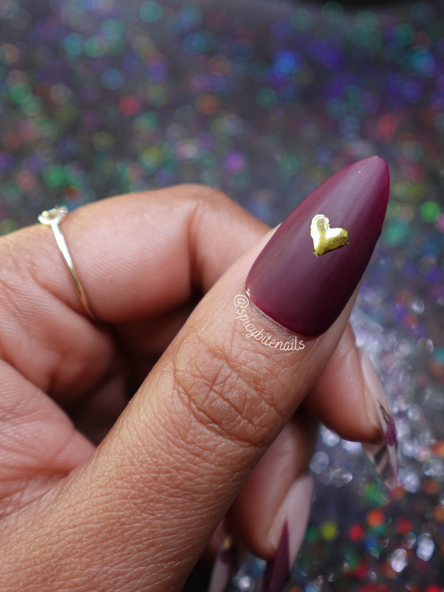 Cherry Love - Cherry Mocha Maroon and Gold Heart Chrome False Press-On Nail Extensions 10pcs