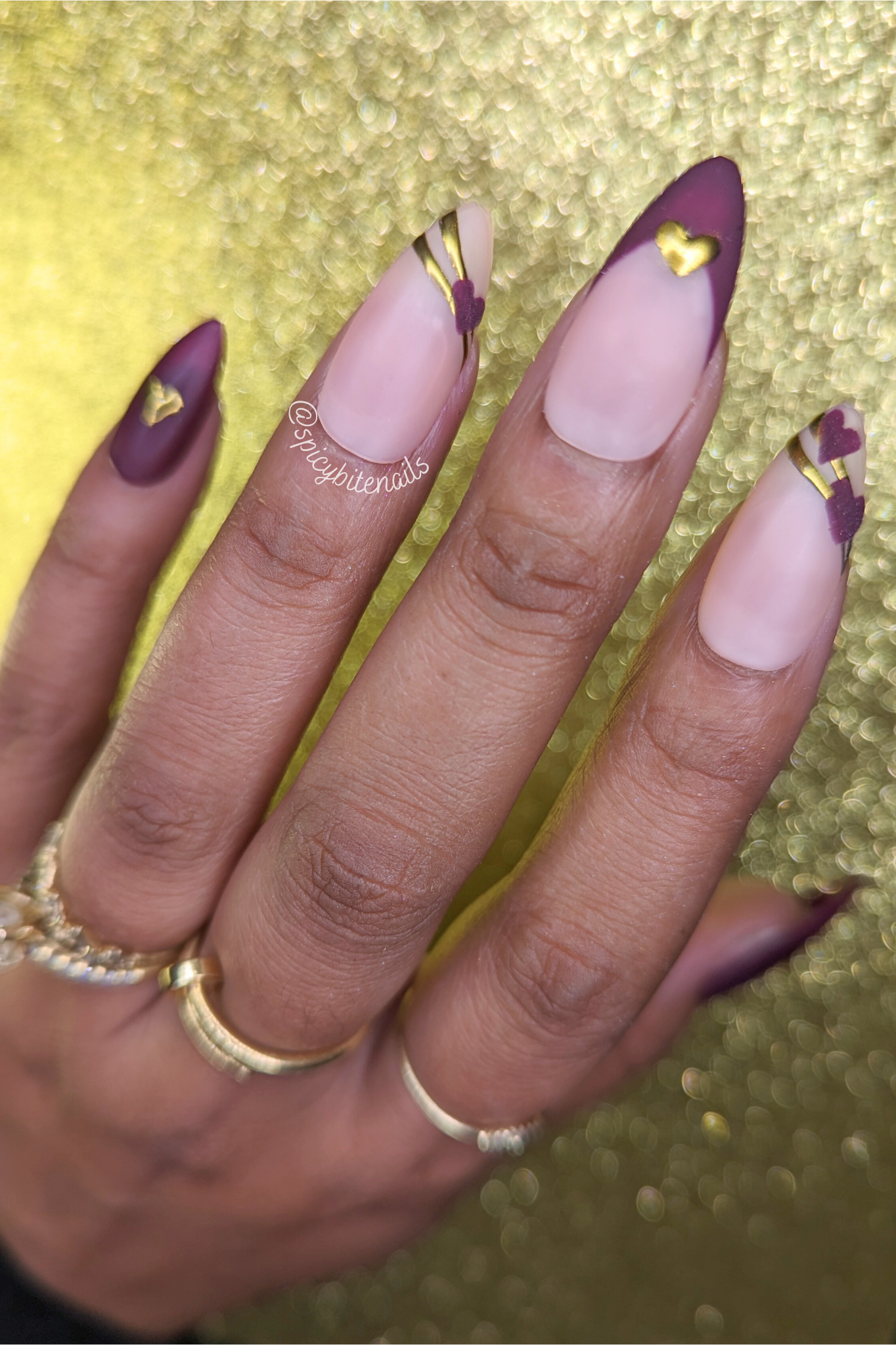 Cherry Love - Cherry Mocha Maroon and Gold Heart Chrome False Press-On Nail Extensions 10pcs