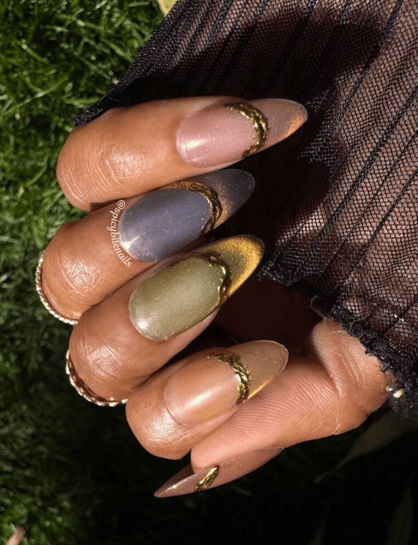 Golden Eclipse - Muted Rainbow Cat-Eye Gold Chrome French Tip Skittles Press-On Nail Extensions 10pcs