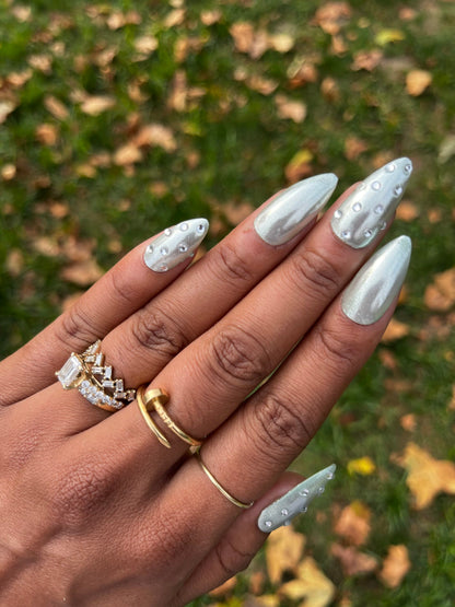 Pistachio Glazed Donut Nails - Sage Green and Rhinestone Pearl Chrome False Press-On Nail Extensions 10pcs