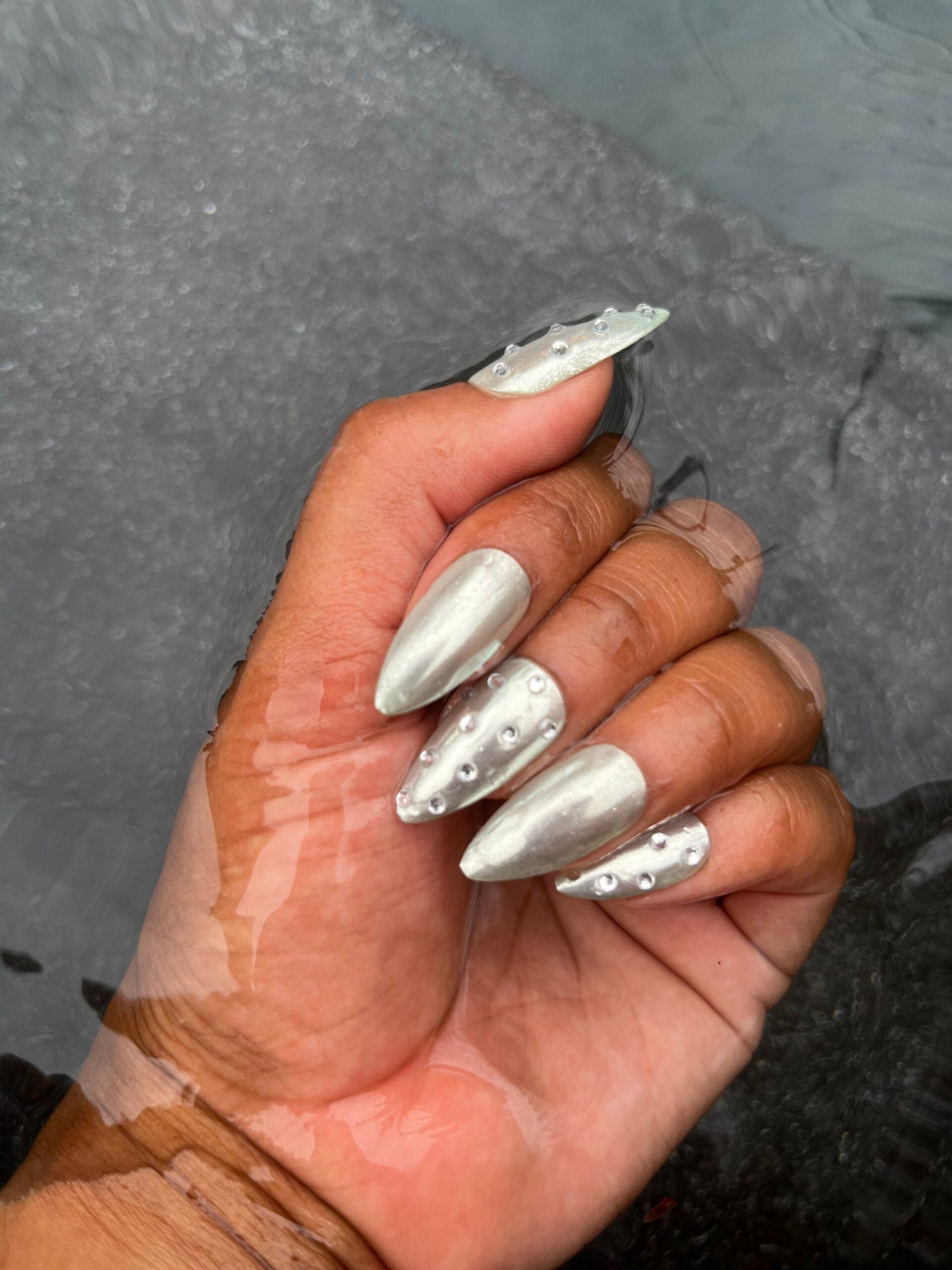 Pistachio Glazed Donut Nails - Sage Green and Rhinestone Pearl Chrome False Press-On Nail Extensions 10pcs