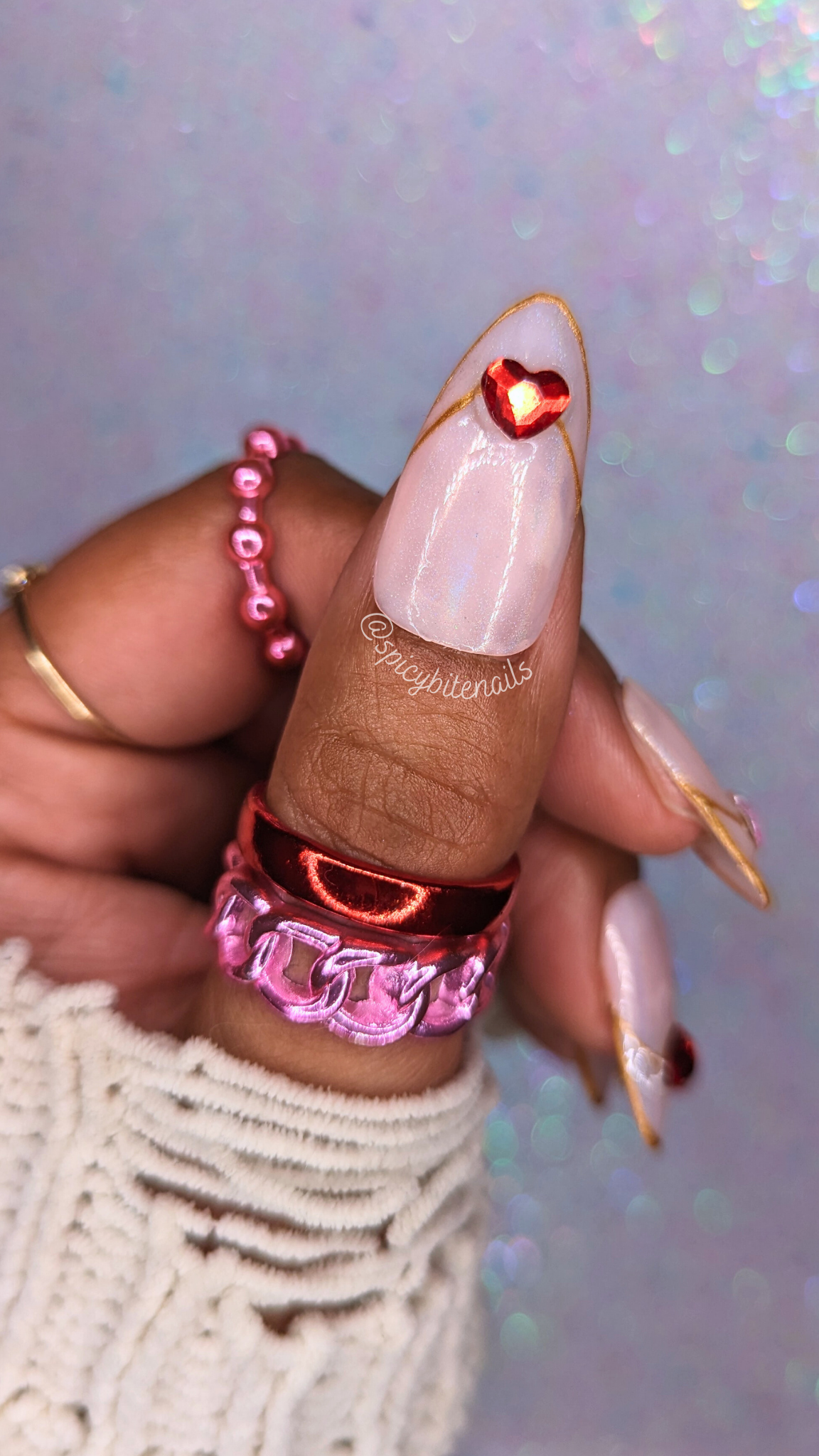 Ring of Hearts - Nude French Tip Red and Pink Rhinestone Valentine&