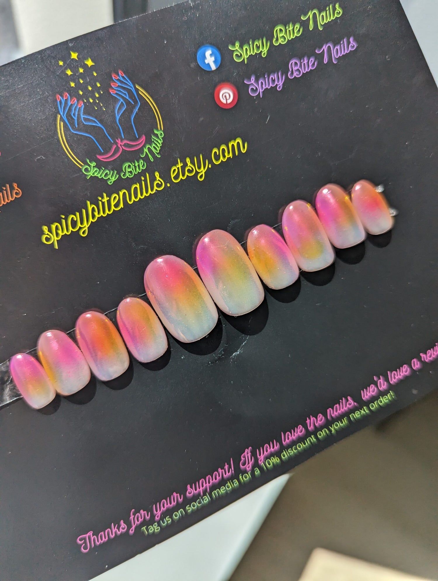 Rise and Shine - Pink and Orange Aura and Chrome Press-On Nail Extensions 10pcs