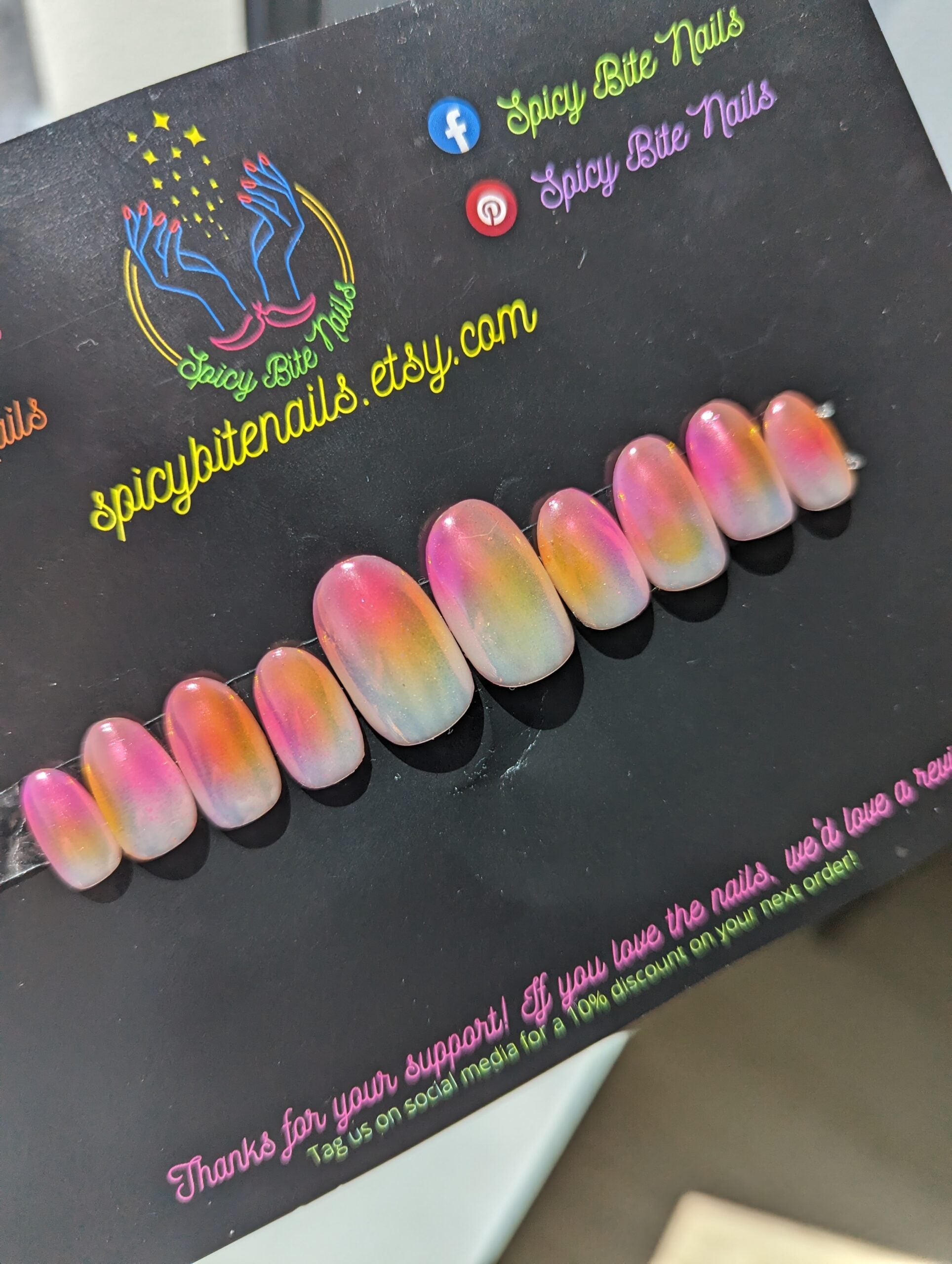 Rise and Shine - Pink and Orange Aura and Chrome Press-On Nail Extensions 10pcs