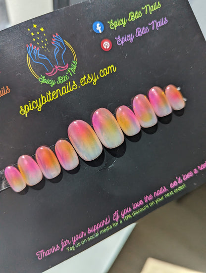 Rise and Shine - Pink and Orange Aura and Chrome Press-On Nail Extensions 10pcs