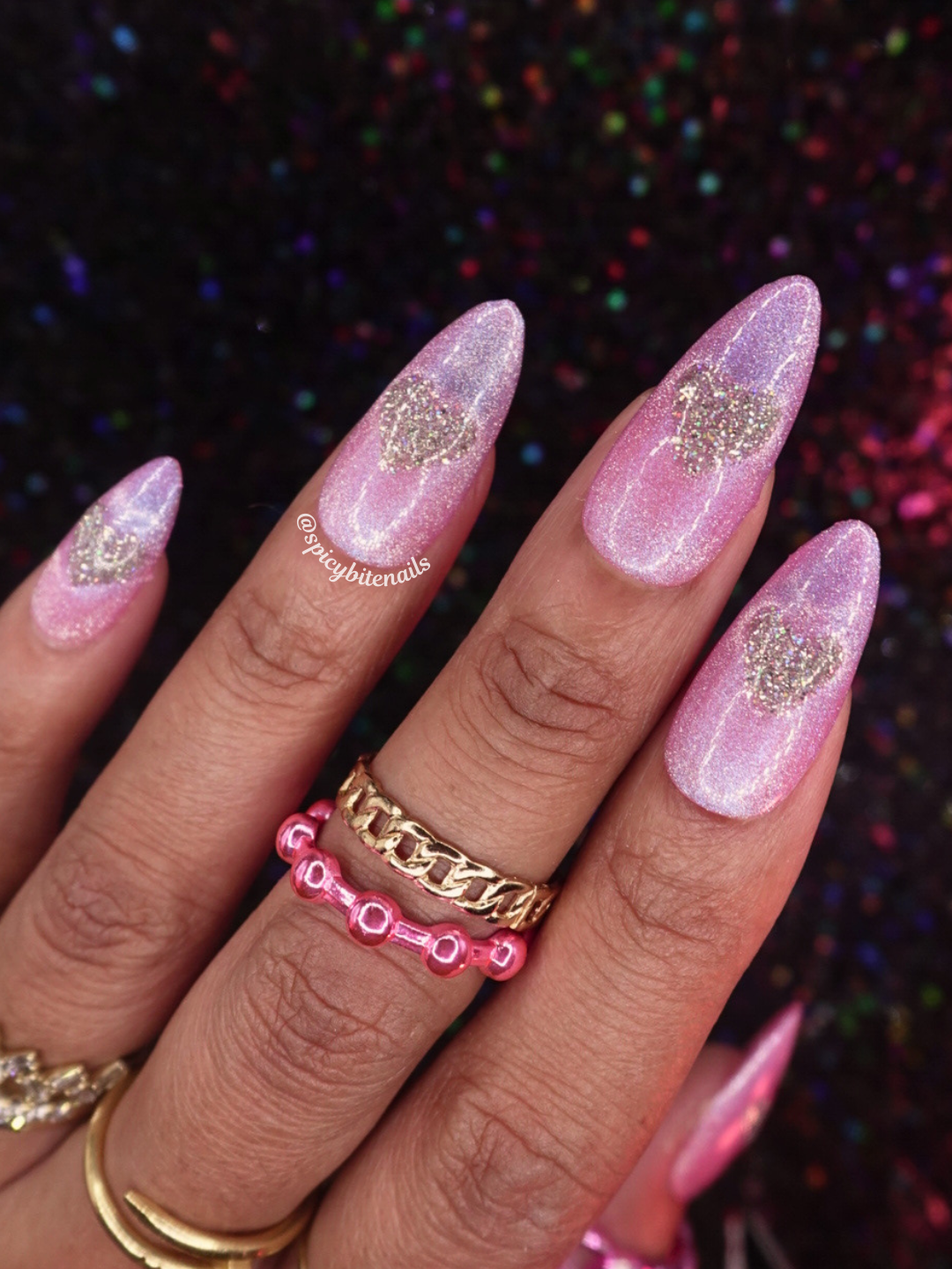 Sugar Rush - Pink and Silver Cat-Eye Heart Press-On Nail Extensions 10pcs