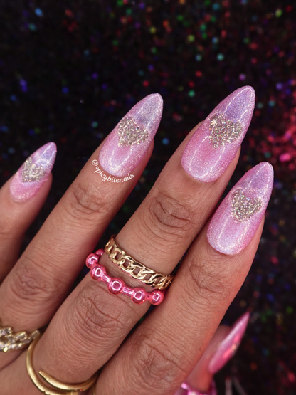 Sugar Rush - Pink and Silver Cat-Eye Heart Press-On Nail Extensions 10pcs