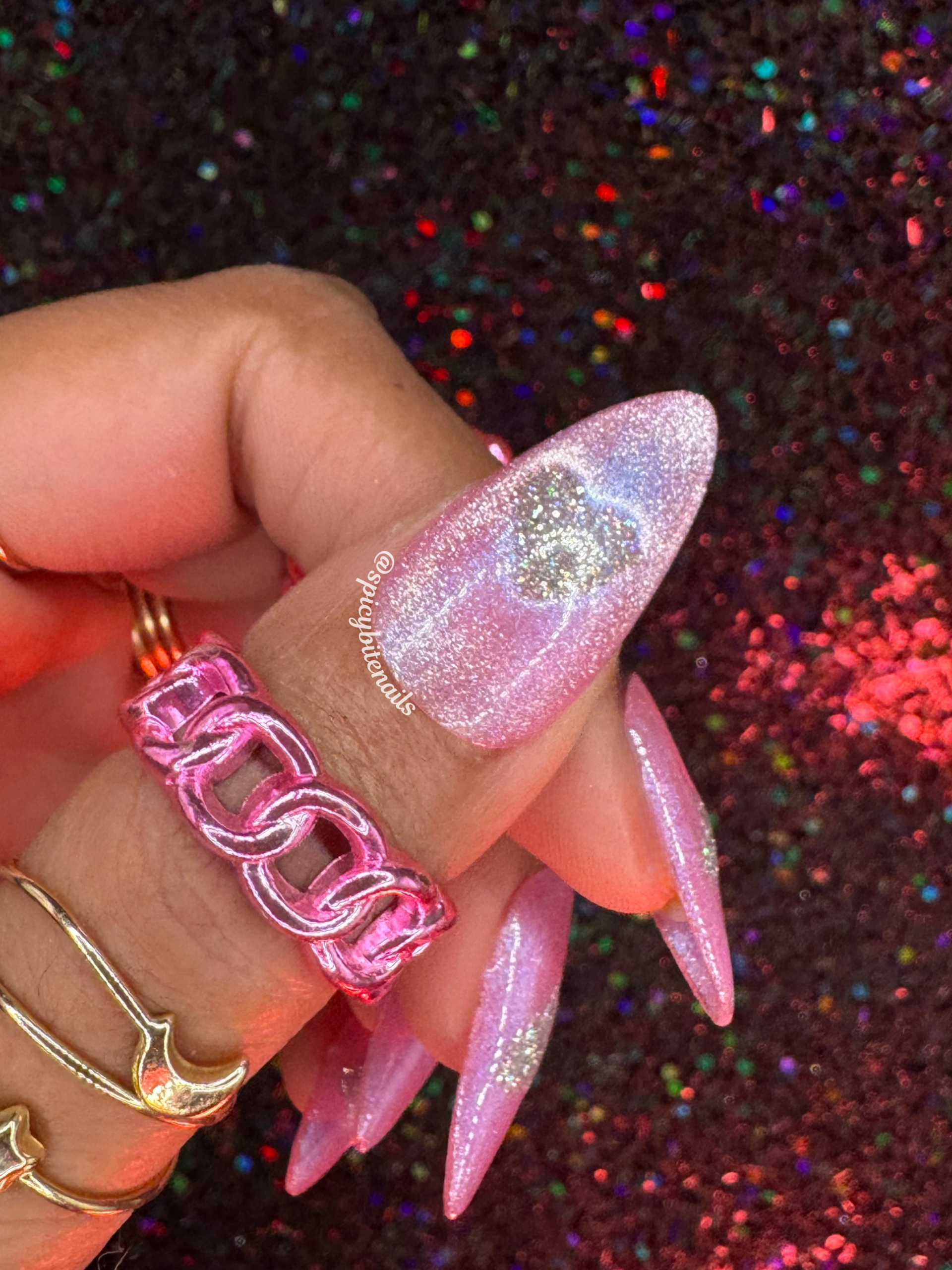 Sugar Rush - Pink and Silver Cat-Eye Heart Press-On Nail Extensions 10pcs