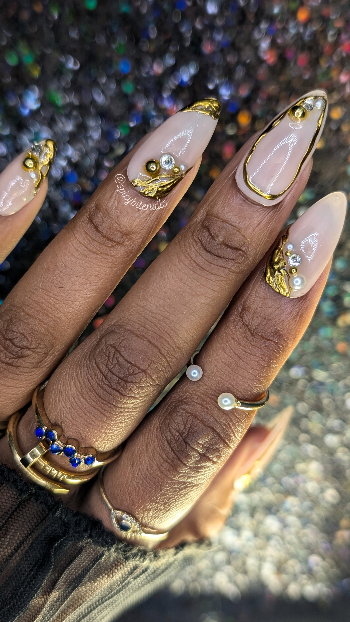 The Goddess - Classy Nude, Pearl and Gold Chrome Abstract False Press-On Nail Extensions 10pcs