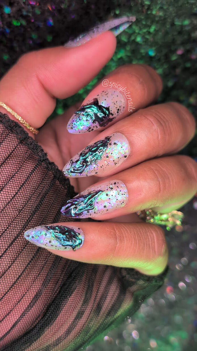 Urusla’s Toxic Sludge - Black, White and Purple Iridescent 3D Slime False Press-On Nail Extensions 10pcs