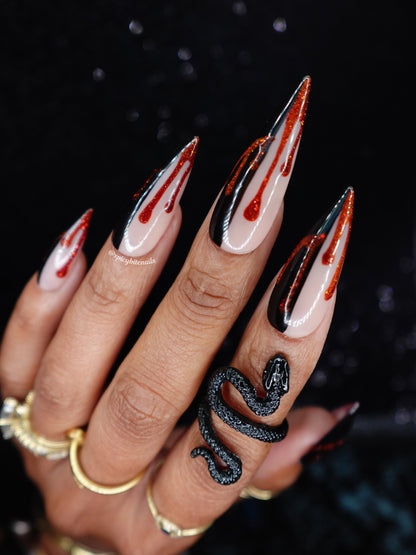 Barely Bitten – Black Split French Press-On Nails with Red Cat-Eye Blood Drips Press-on Nails Press-On Nails