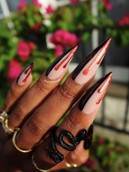 Barely Bitten – Black Split French Press-On Nails with Red Cat-Eye Blood Drips Press-on Nails Press-On Nails