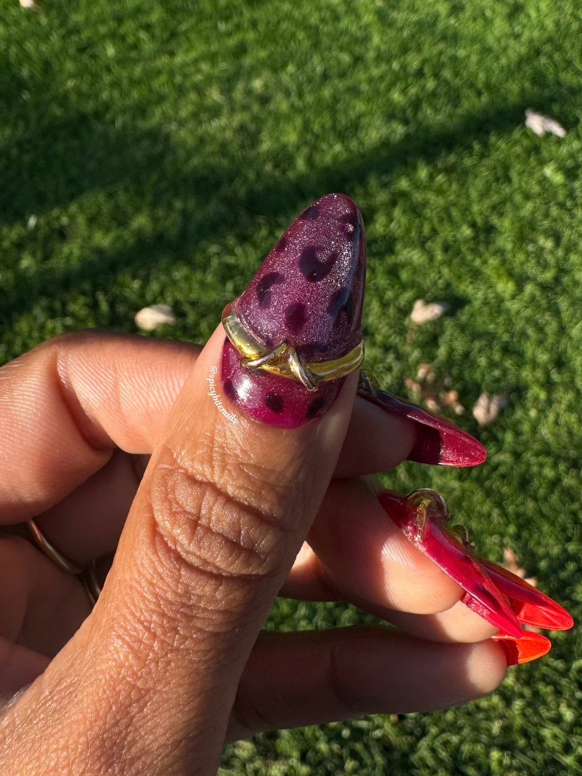 Ruby Wildcat - Burgundy to Red Ombre Leopard Cat-Eye and Gold Chrome Press-Ons
